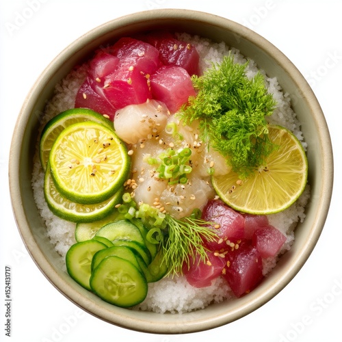 Fresh and Colorful Sashimi Bowl with Tuna, Salmon, Lime, Cucumber and Garnishes Served on a Bed of Sushi Rice