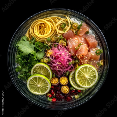 Colorful and Fresh Ingredient Bowl with Noodles, Sliced Fish, Herbs, and Citrus for Culinary Inspiration and Food Art