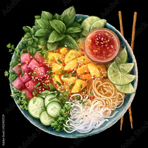 Fresh and Colorful Asian Salad with Herbs, Fruits, and Spicy Sauce on a Dark Background for Culinary Inspiration