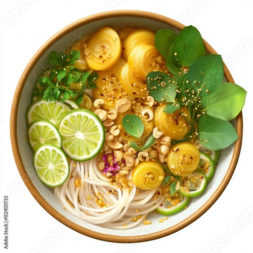 Fresh Vibrant Bowl of Asian Noodle Salad with Veggies, Herbs, Nuts, and Citrus for a Healthy Meal or Side Dish