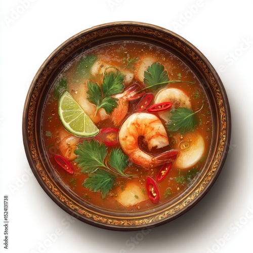 Delicious bowl of vibrant shrimp soup with fresh herbs, chili, and lime, served in a decorative bowl, ready to savor