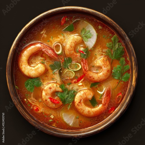 Flavorful bowl of shrimp soup topped with fresh herbs, vibrant chilies, and aromatic spring onions in a rich broth