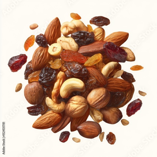 Assorted Nuts and Dried Fruits on White Background for Healthy Snacking and Culinary Inspiration