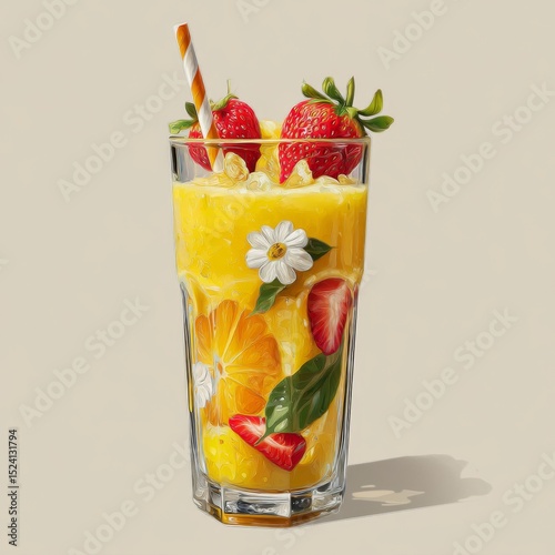 Refreshing Tropical Fruit Smoothie with Strawberries and Orange Slices Perfect for Summer Enjoyment and Healthy Living