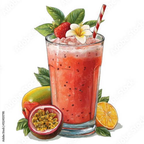Refreshing Tropical Fruit Smoothie with Strawberries, Passionfruit and Mint Leaves Served in a Transparent Glass