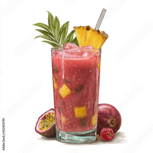 Refreshing tropical cocktail with vibrant colors and fresh fruit garnishes in a clear glass on a bright background