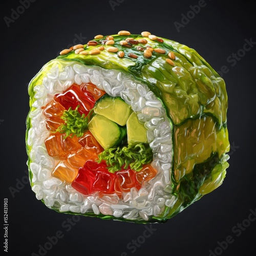 Colorful sushi roll with fresh vegetables and vibrant toppings against a dark background for culinary artistry and food photography