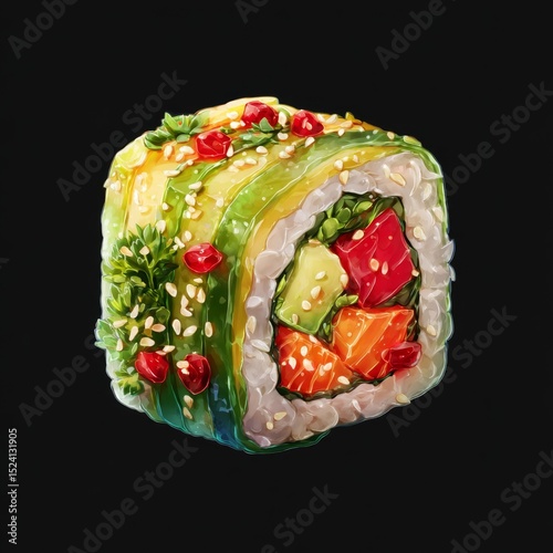 Colorful sushi roll adorned with fresh vegetables, intricate details, serving on a dark background for a refined presentation