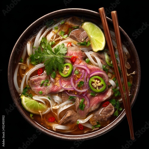 Freshly prepared Vietnamese pho with herbs, lime, and colorful toppings served in a delicious bowl with chopsticks