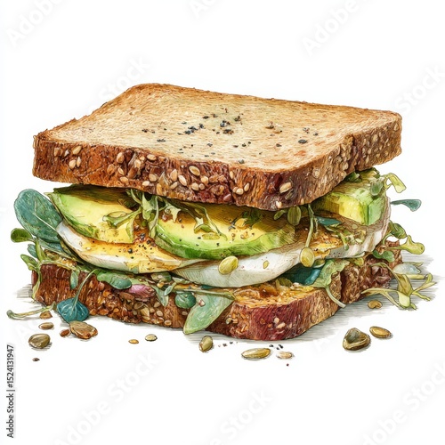 Fresh Avocado Sandwich with Seeds and Greens on Whole Grain Bread Delicious and Nutritious Snack for Healthy Lifestyle