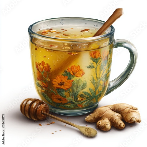 Herbal Tea with Ginger and Honey in Decorative Mug Surrounded by Fresh Ingredients and Floral Accents