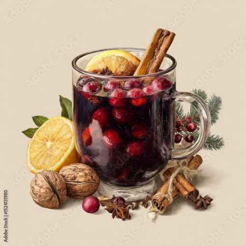 Warm Spiced Berry Beverage with Citrus and Nuts in Glass Mug Surrounded by Seasonal Elements