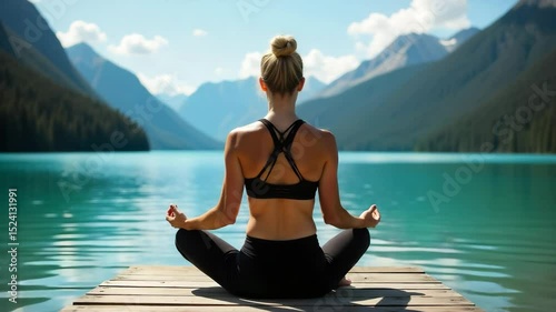 Woman meditating by a serene lake surrounded by mountains