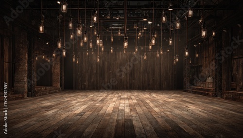 Industrial space, warm lighting, wooden floor