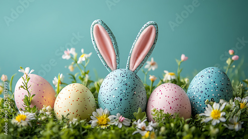 Easter eggs with bunny ears surrounded by spring flowers on a teal background celebrating the holiday season and easter time