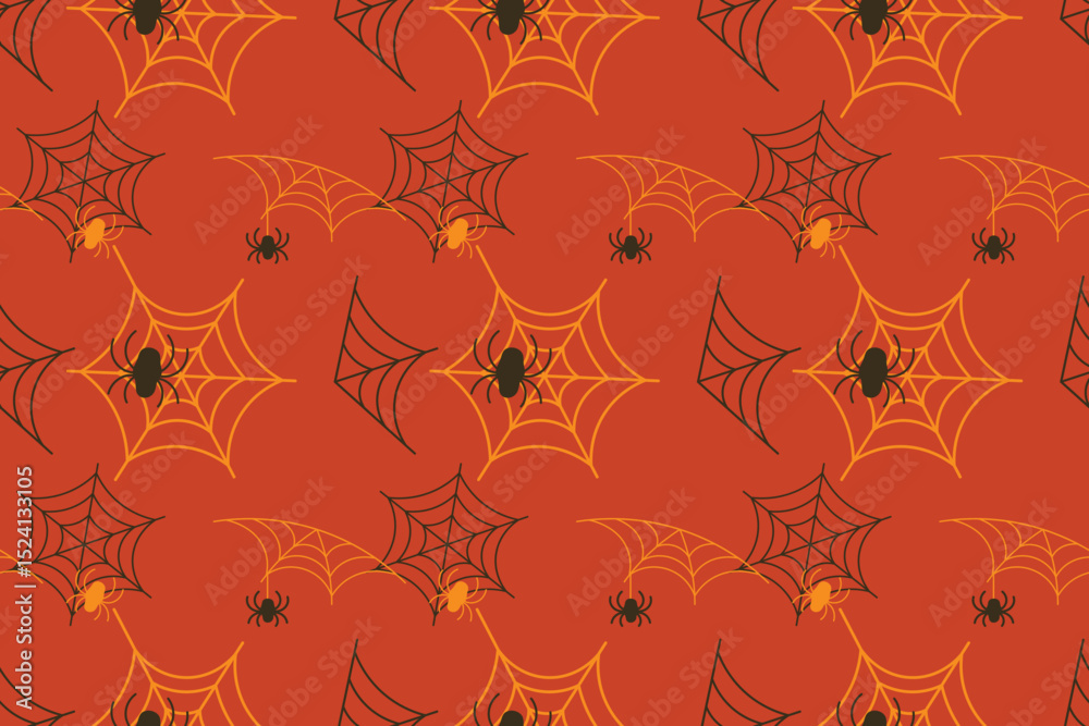 Fototapeta premium Seamless Halloween pattern with black orange spiderwebs spiders Repeating spooky vector background design perfect Wrapping paper Holiday decor Isolated Ochre background