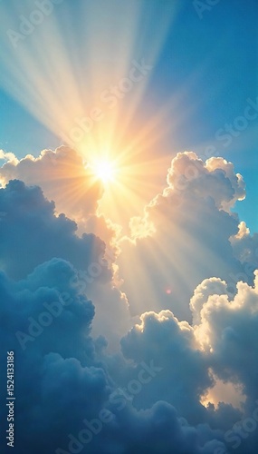 Golden sun rays bursting through gaps in fluffy white clouds, illuminating a bright blue sky A breathtaking natural light spectacle, perfect for backgrounds and nature themes , natural light, serene