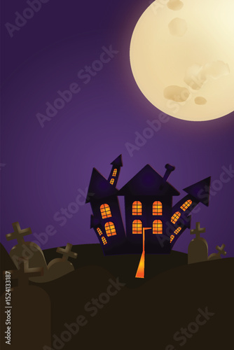 Vector Halloween card with haunted castle, full moon, night sky, cemetery, gravestones, bats, and “Happy Halloween” text. Spooky festive greeting in flat style,  on dark background.