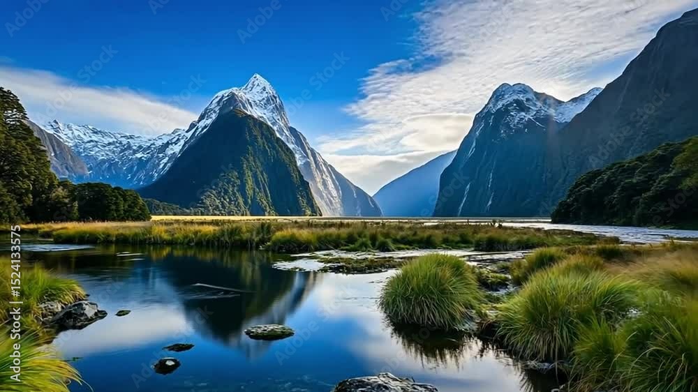 Stunning mountain landscape with reflective lake and lush greenery.