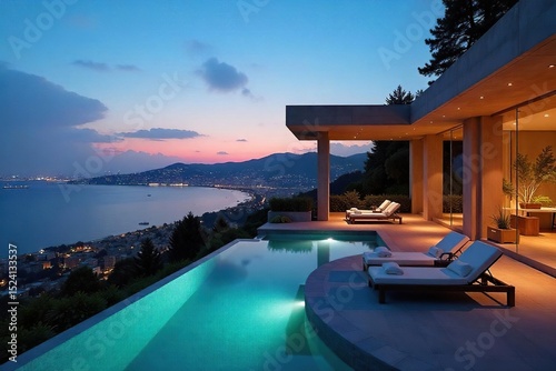 Luxury cityscape holiday villa with stunning panoramic views Modern architecture, spacious interiors, and city lights at night Perfect for a memorable getaway , elegance, building