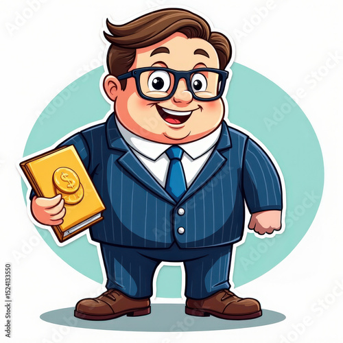 Joyful Cartoon Businessman Holding Ledger: Finance, Wealth, Success Concept