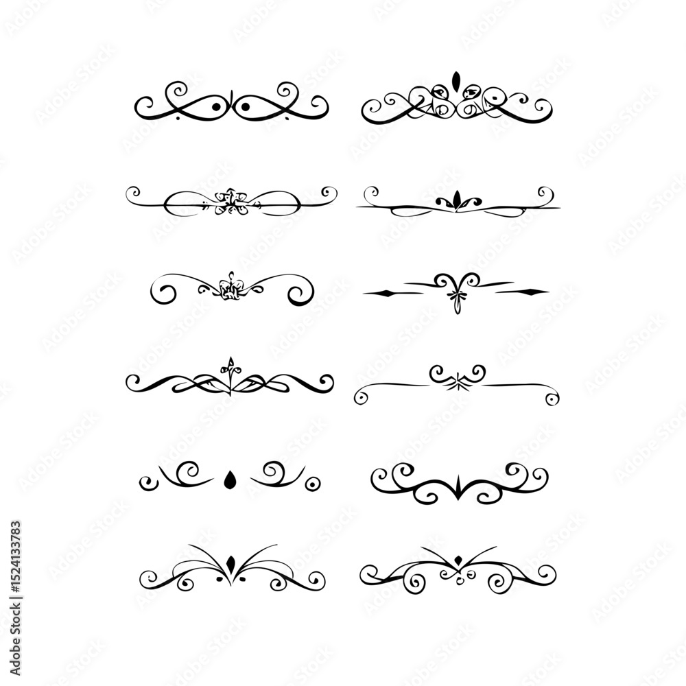 Fototapeta premium Set of Black Hand Drawn Rustic Doodle Design Elements. Decorative Floral Swirls, Scrolls, Text Frames, Dividers. Vintage Vector Illustration. 