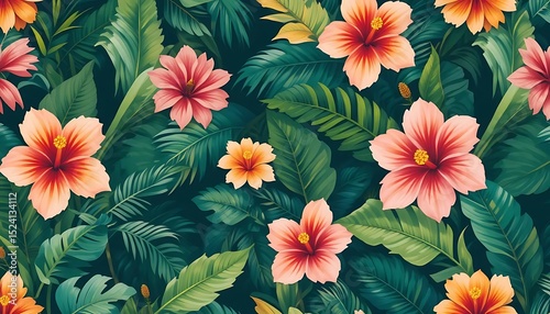 Colorful seamless floral pattern with tropical flowers and leaves, ideal for textile, wallpaper, packaging, and surface design.