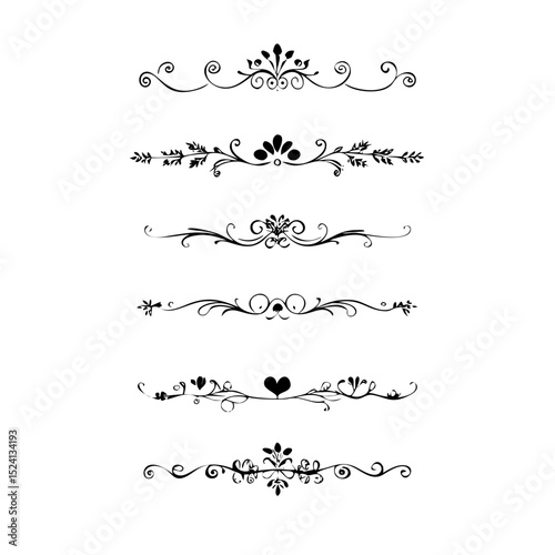 Decorative simple divider. Text dividers retro minimal line separators, elegant doodle frame borders. Vector isolated geometric wedding card heart separator elements set. 
