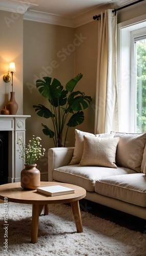 Cozy living room interior design with stylish throw pillows, warm lighting, and a modern coffee table, creating a welcoming and comfortable atmosphere for relaxation , chic, hygge