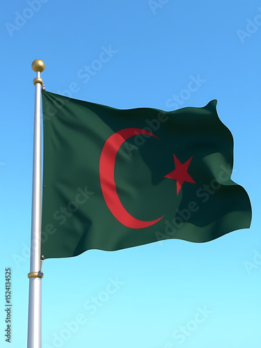 New flag of Bangladesh, A vibrant depiction of the flag, featuring a dark green background with a prominent red star and crescent moon