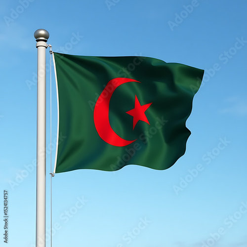 New flag of Bangladesh, A vibrant depiction of the flag, featuring a dark green background with a prominent red star and crescent moon