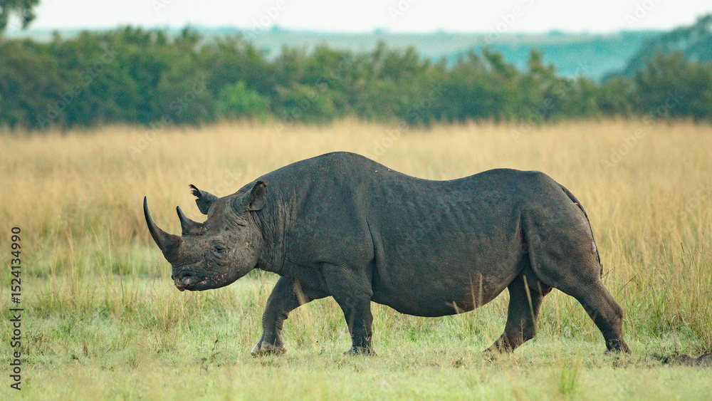 Fototapeta premium Black rhino walks through open savanna with birds perched on its back.