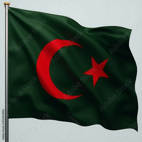 New flag of Bangladesh, A vibrant depiction of the flag, featuring a dark green background with a prominent red star and crescent moon