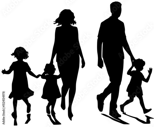 Family silhouette: Parents with three daughters walking together.