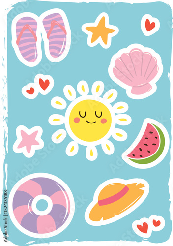 Summer vacation stickers. A collection of colorful summer themed stickers. The sun, watermelon, slates, inflatable circle, panama hat, shell, starfish, hearts. For printing.