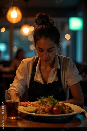 A tired waitress enjoys a quiet dinner break at a dimly lit restaurant, savoring a well-deserved meal after a long shift The scene is intimate and evokes feelings of rest and respite , plate, respite