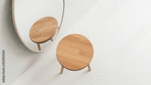Minimalist Round Wooden Side Table and Mirror Reflection Modern Home Decor