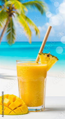 Mango pineapple smoothie in a clear glass with a bamboo stra