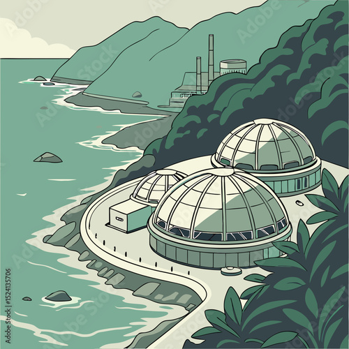 Coastal Geodesic Domes Architectural Illustration of a Seaside Industrial Complex