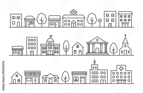 Cityscape Line Illustration Set – Urban Building Outlines