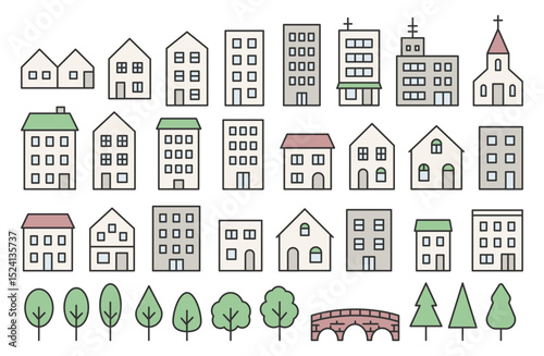 Cityscape Illustration Set – Line and Color Style