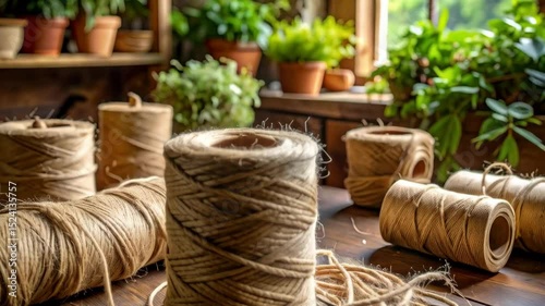 Close-up of jute rope coils and balls on wooden surface with blurred potted plants in background, artisan or craft aesthetic indoors