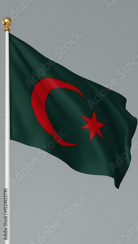 New flag of Bangladesh, A vibrant depiction of the flag, featuring a dark green background with a prominent red star and crescent moon