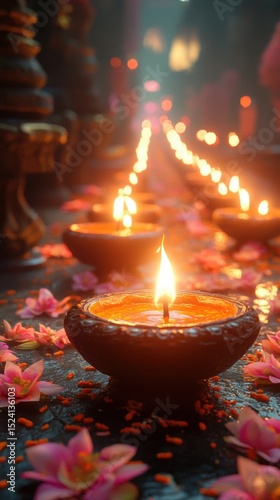 Burning Oil Lamps and Lotus Flowers Create Warm Glow During Spiritual Ceremony