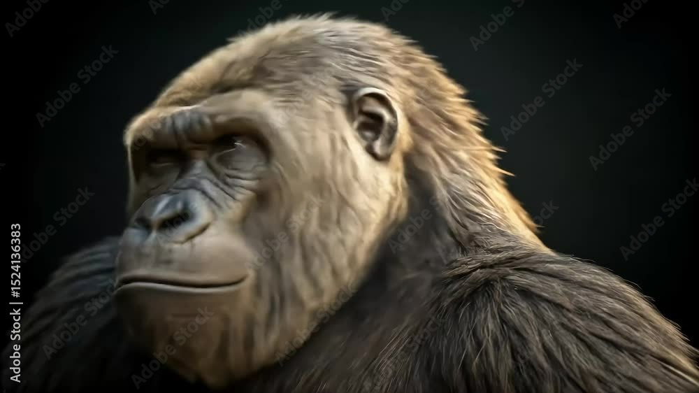gorilla close-up portrait, thinking face of an endangered wild mammal with black fur