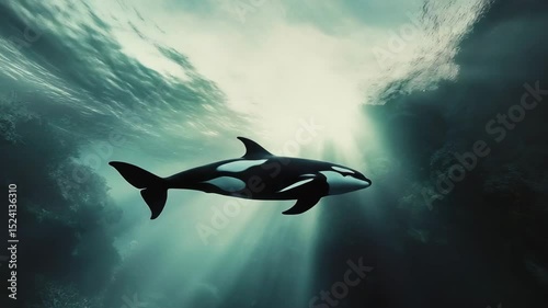 A black and white whale is swimming in the ocean. The sun is shining on the water, creating a beautiful and serene atmosphere