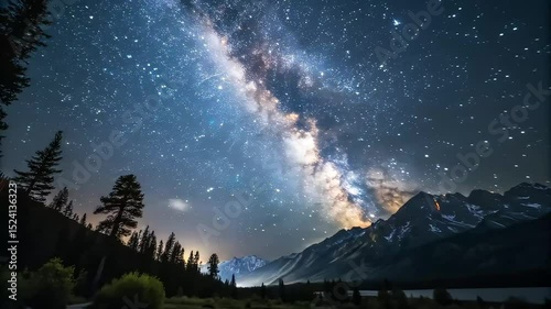 Sunrise and night stars over a winter mountain landscape with northern lights and time-lapse clouds
