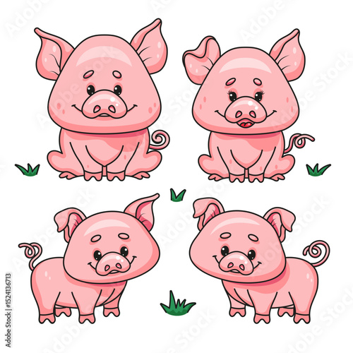 Cute Pink Piglet Vector Illustration Set