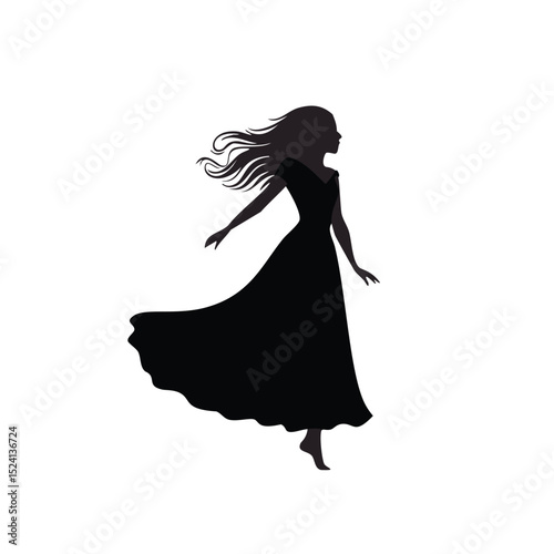 Elegant woman silhouette flowing dress wind hair