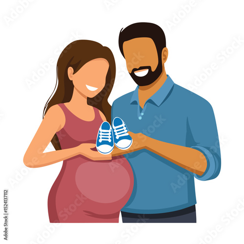 Expectant parents holding baby shoes happy couple